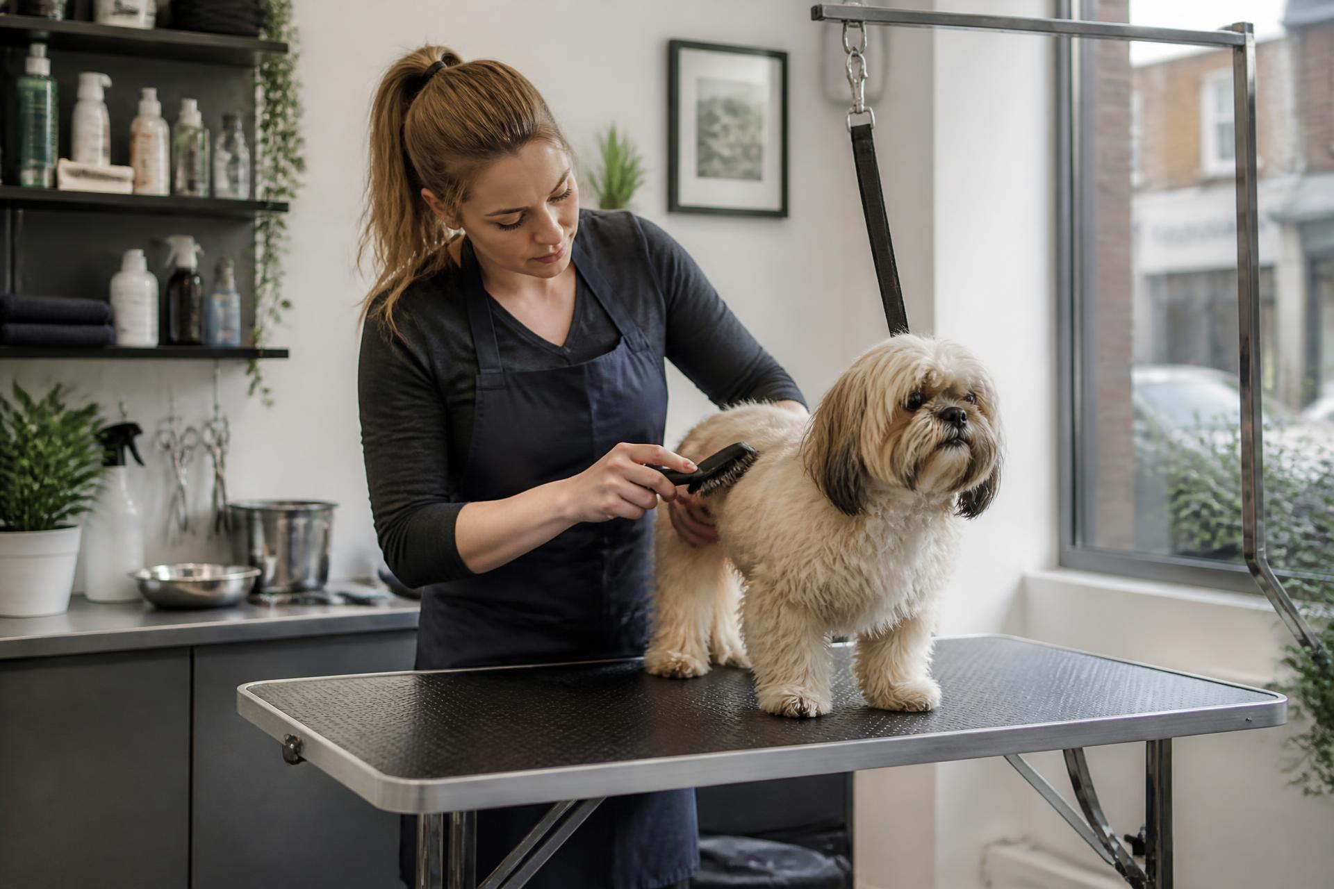 A groomer brushing a small dog on a grooming table in a bright pet grooming salon
